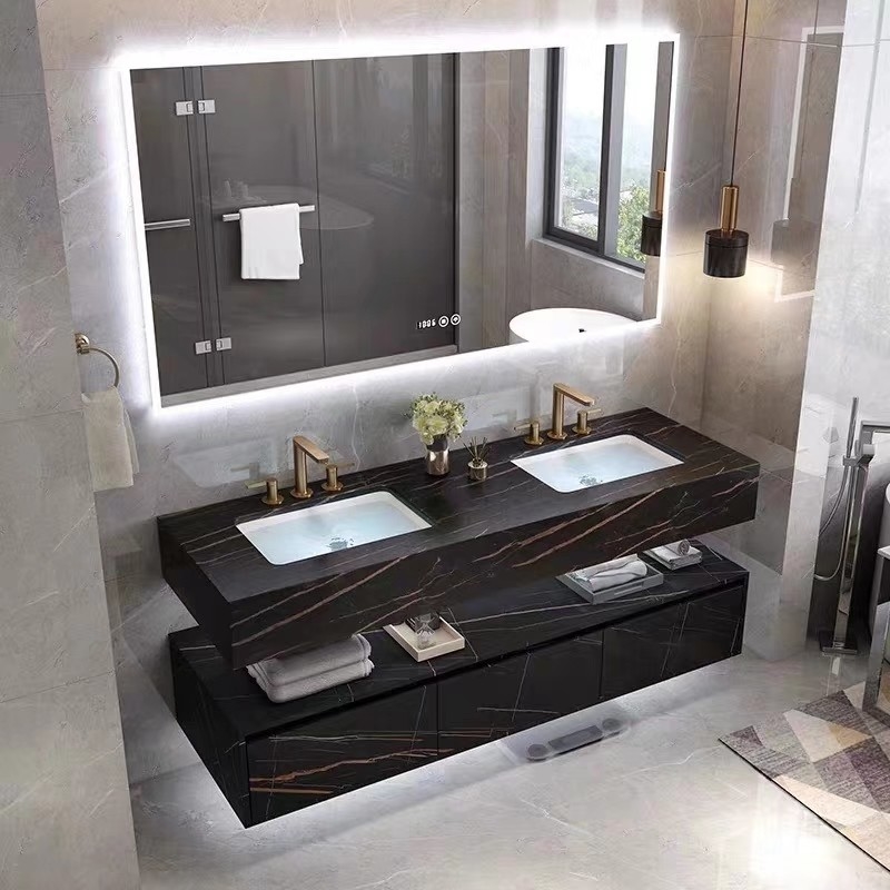 کابینت سینک حوضه سنگ سینتد روشویی هتل مدرن مرمر آینه LED هوشمند