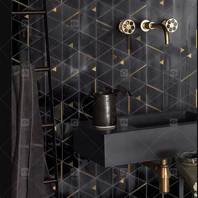 سنگ مرمر مثلث لوکس موزاییک کاشی با فولاد ضد زنگ فلز موزاییک کاشی حمام Backsplash
