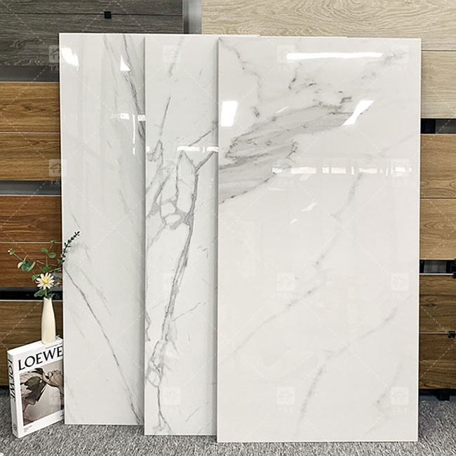 600x1200mm بالاتری درخشان Carrara سفید پولیش شیشه ای کاشی برای کف سنگ مرمر کاشی پورسلین