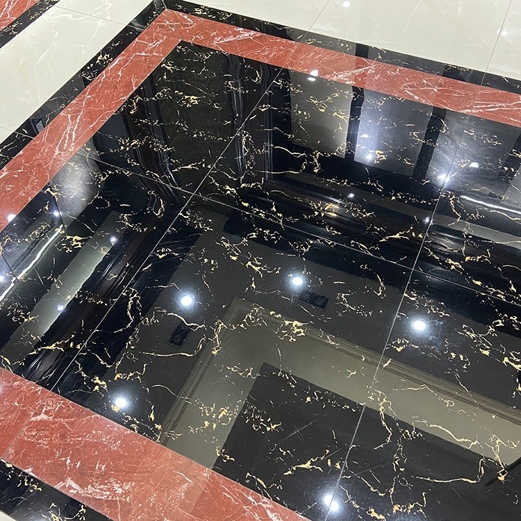 کاشی کف چینی جلا داده شده 600x600 رنگ گل مشکی و طلایی