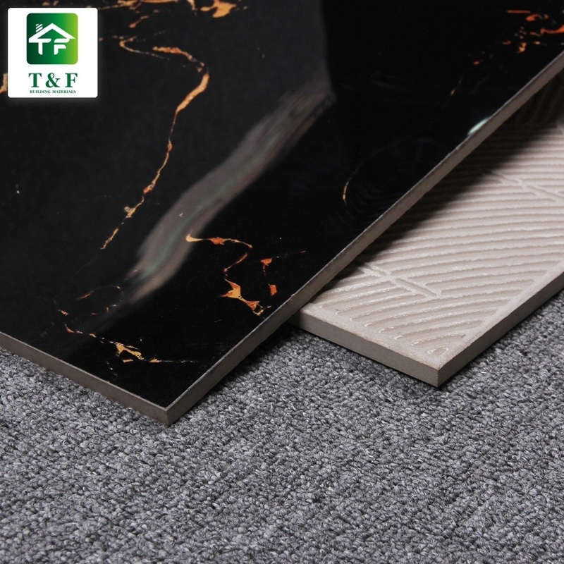 کاشی کف چینی جلا داده شده 600x600 رنگ گل مشکی و طلایی