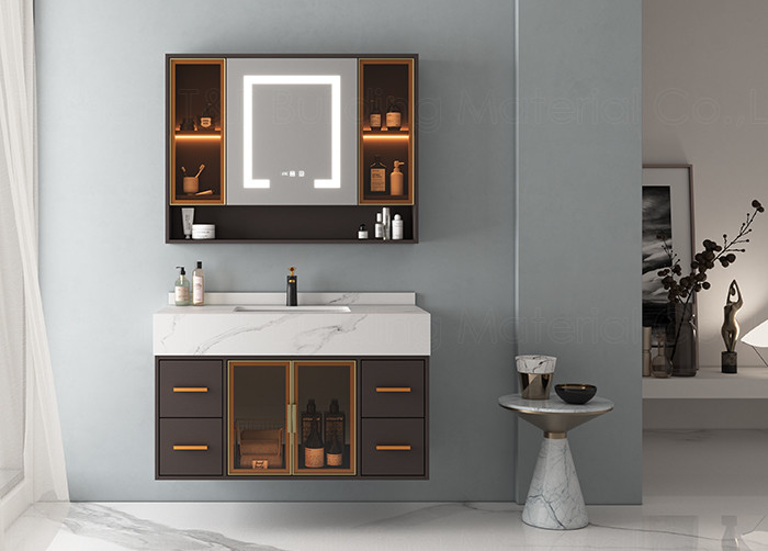 کابینت روشویی حمام شناور دیواری لوکس، کابینت آینه نقره ای ال ای دی هوشمند HD