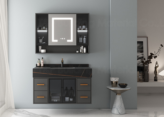 کابینت روشویی حمام شناور دیواری لوکس، کابینت آینه نقره ای ال ای دی هوشمند HD