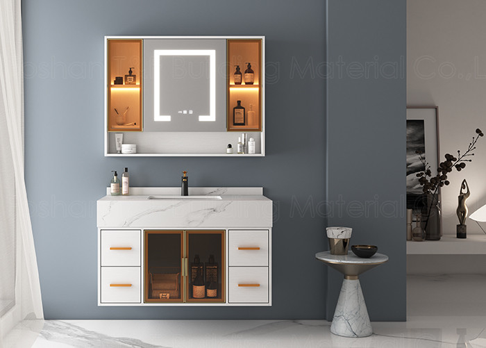 کابینت روشویی حمام شناور دیواری لوکس، کابینت آینه نقره ای ال ای دی هوشمند HD